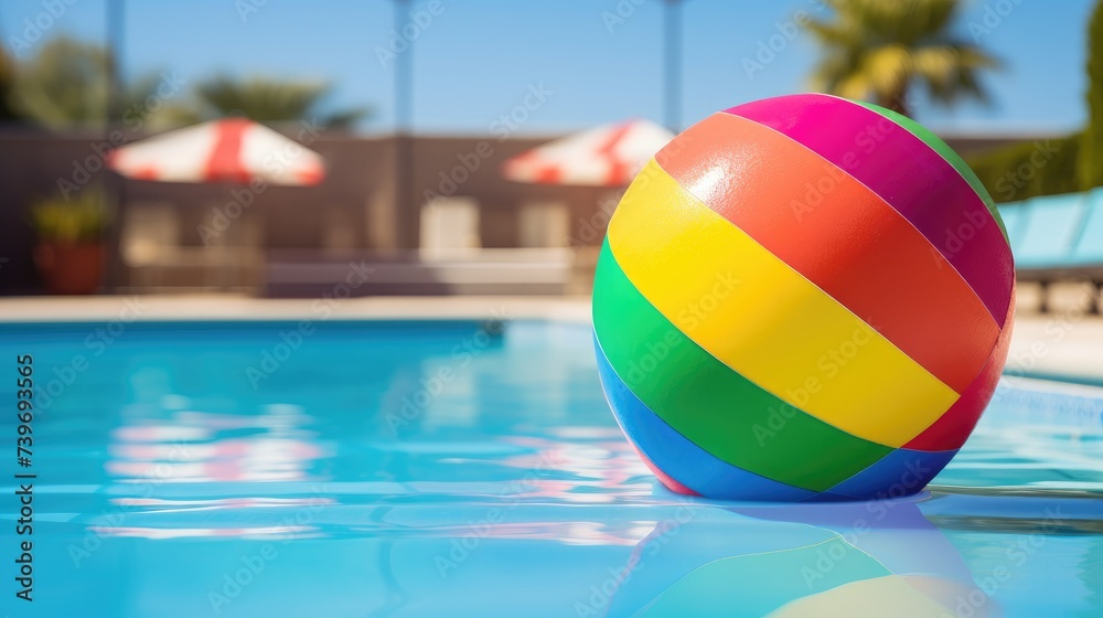 Radiate summer vibes with a bright, multicolored beach ball by the swimming pool, inviting fun and leisure. Ai Generated