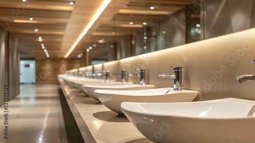 Contemporary interior  sink basin faucet  and urinals in neat alignment. Upscale design  Ai Generated.