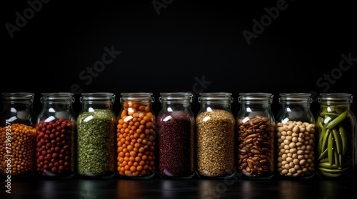 Organize your pantry with a tidy row of glass jars filled with assorted legumes and spices. Ai Generated