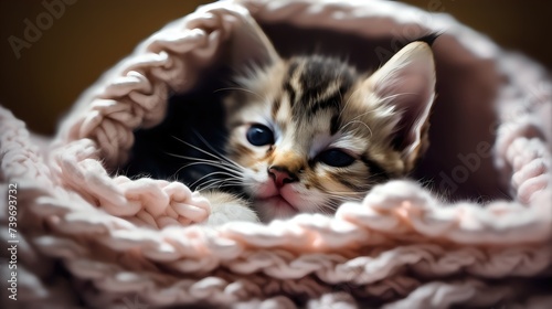 A sleepy kitten curled up in a cozy blanket basket, its large eyes barely open as it drifts off to sleep. photo
