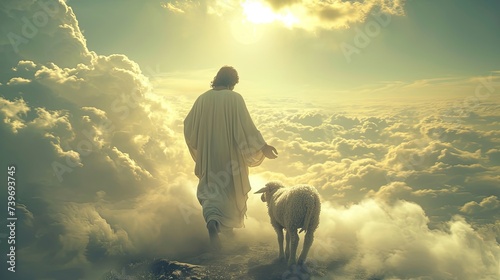 Jesus Christ with a white lamb walks on the clouds in the sky, Easter biblical resurrection story, AI generated photo