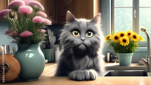 A fluffy gray cat peering out from behind a vase of flowers on a kitchen counter, its big eyes full of mischief.