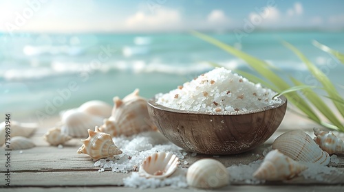 A bowl of raw sea salt with various sea shells and sea horns around of it with a sea backdrop, Generative AI.