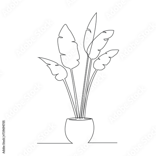 Continuous single line potted plant leaf tropical tree decoration interior furniture. One line drawing of Living room with modern furniture vector illustration
