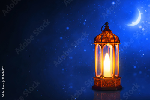 Shiny arabic lantern with glitter and sparkle effect  at blue night sky with stars and crescent moon  Ramadan kareem background