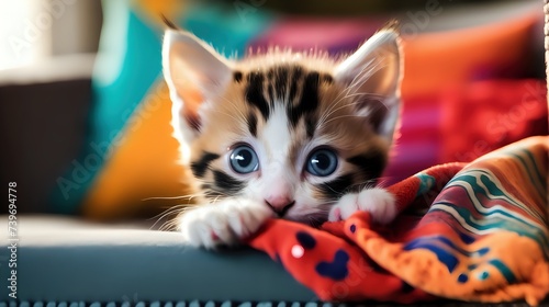 A playful kitten peeking out from behind a colorful throw pillow on a cozy sofa, its wide eyes filled with curiosity.