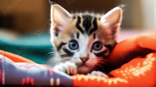A playful kitten peeking out from behind a colorful throw pillow on a cozy sofa, its wide eyes filled with curiosity.