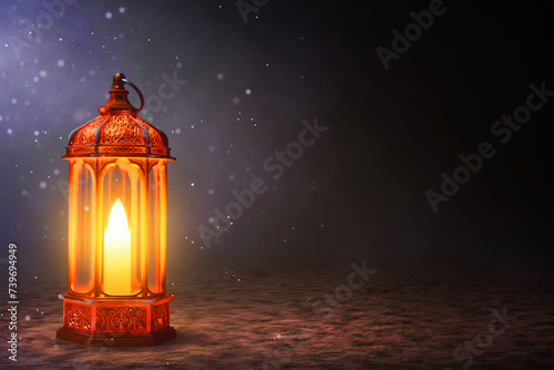 Shiny arabic lantern with glitter and sparkle effect in empty desert sand at night, Ramadan kareem background