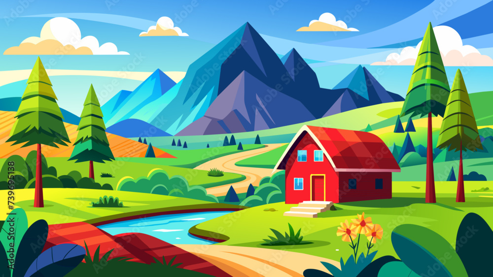 Mountain countryside landscape with red farm barn