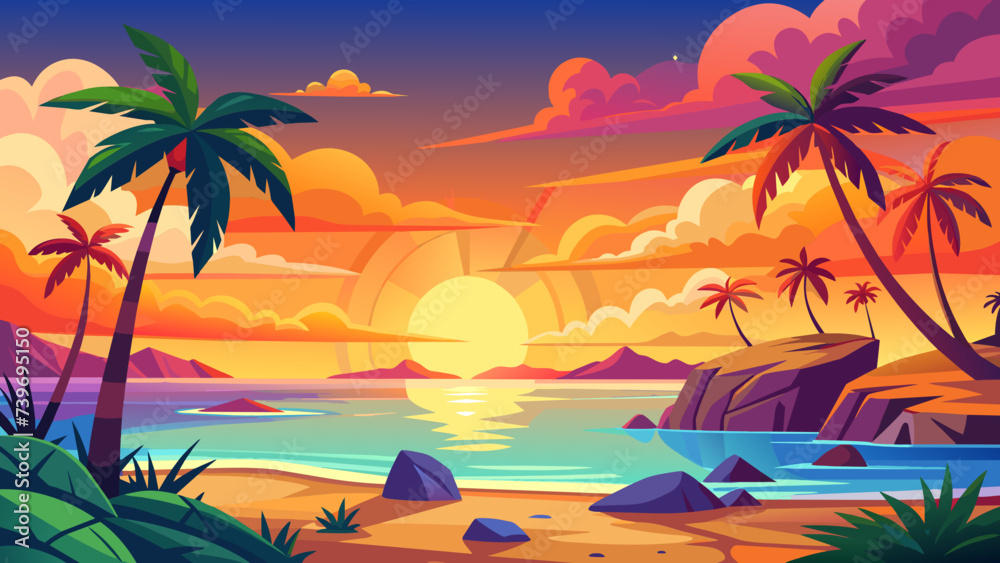 Tropical summer sunset, vector cartoon island landscape
