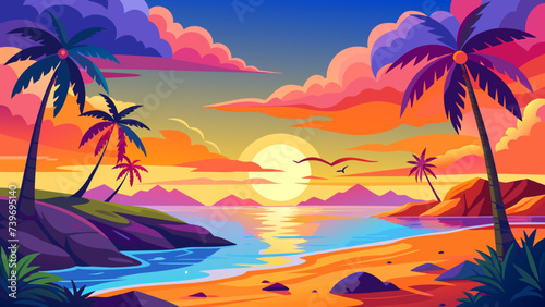Tropical summer sunset  vector cartoon island landscape