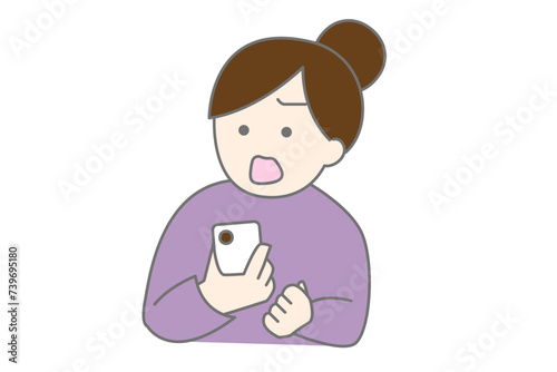 スマホを握りしめて反論する女性のシンプルイラスト