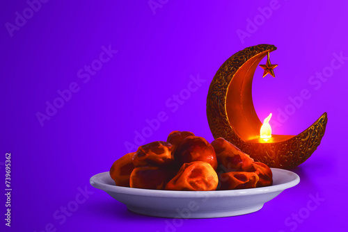 Shiny golden crescent moon with star lantern and bowl of fresh dried dates isolated on purple background, Ramadan kareem background
