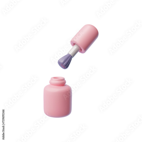 Nail polish bottle with brush vector 3D style, manicure cosmetics accessory, pink nail lacquer, makeup beauty product