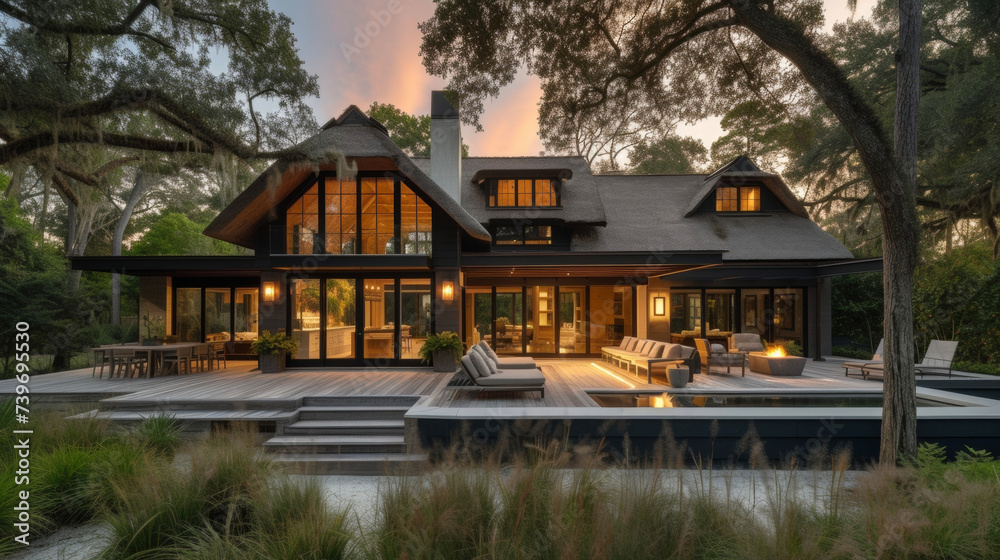 Fototapeta premium From its thatched roof to its earthy organic materials this home encapsulates the essence of savannah living offering a peaceful retreat from the bustle of everyday life.