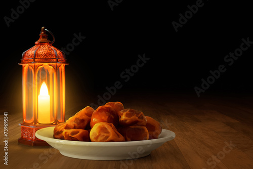 Shiny arabic lantern and bowl of fresh dried dates on wooden floor at night, Ramadan kareem background