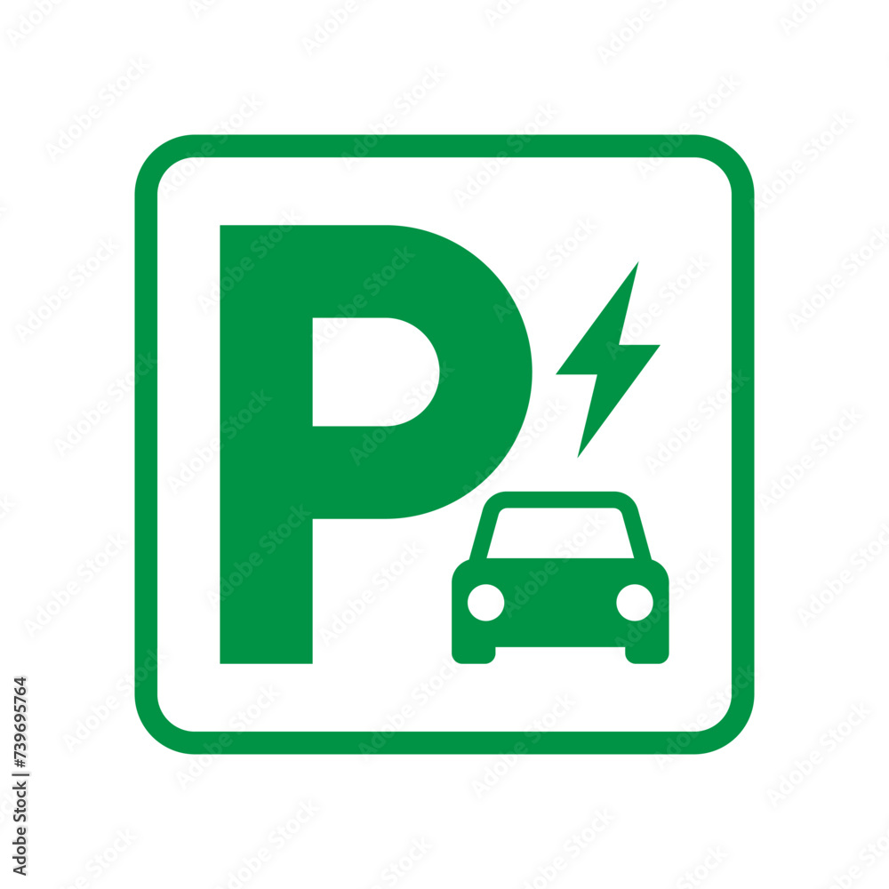 Letter P with EV car icon, Green electric vehicle parking sign, Electric car charging point, Parking space for Eco friendly hybrid cars, Vector illustration Letter P with EV car icon, Green electric vehicle parking sign, Electric car charging point, Parking space for Eco friendly hybrid cars, Vector illustration