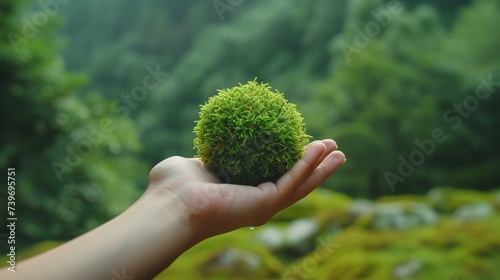 A hand holding a earth made green grass ball with a blurry backdrop for text a concept of save earth, Generative AI.