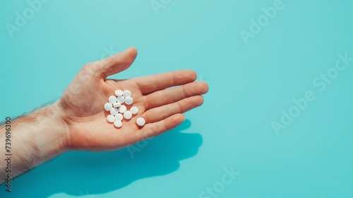 A hand holding medicine tablet against a blue backdrop top view with a big empty space for text or product, Generative AI.