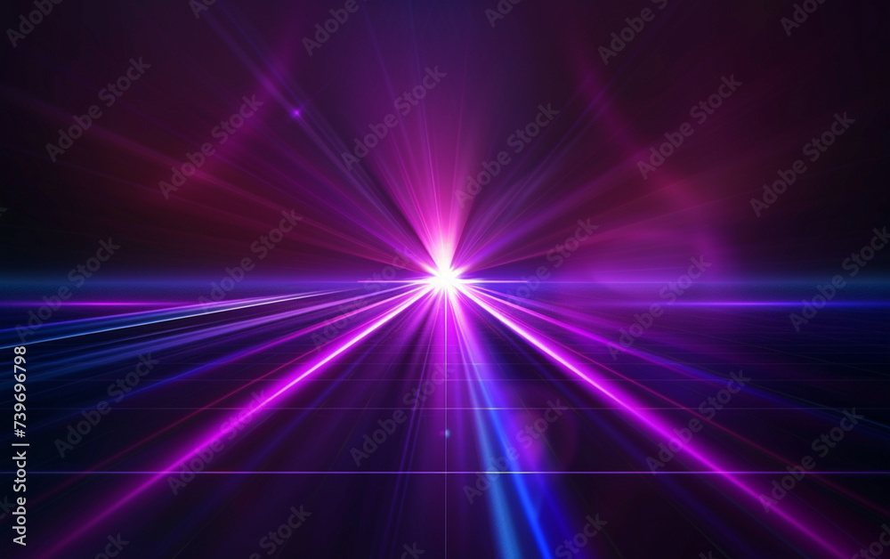 Blue and violet beams of bright laser light shining on black background