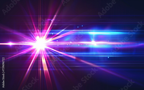Blue and violet beams of bright laser light shining on black background