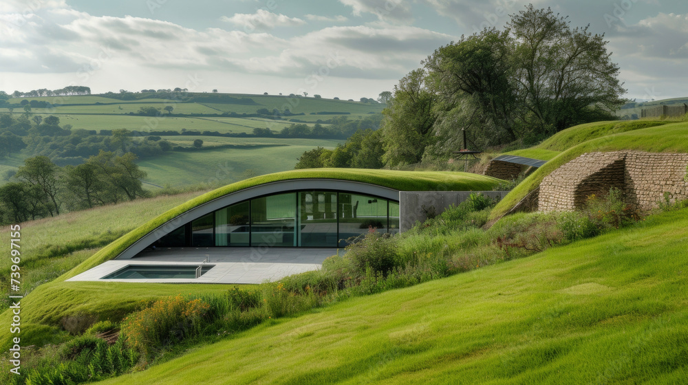 Fototapeta premium Designed to disappear into the rolling hills this underground home offers both privacy and stunning views of the surrounding countryside.