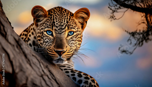 Leopardo descansando sobre un tronco visto de frente photo