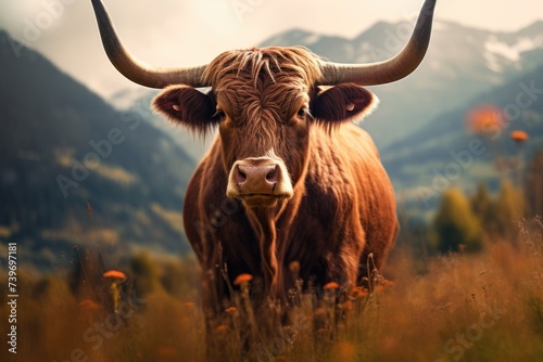 Bull in field on the background of mountains