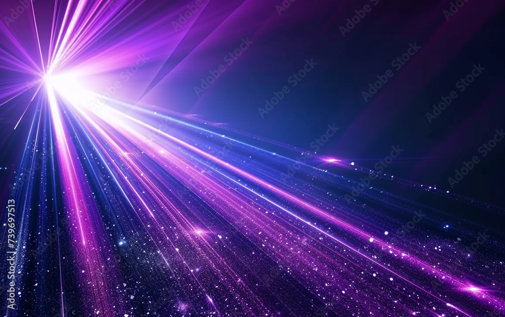 Blue and violet beams of bright laser light shining on black background