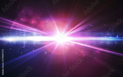 Blue and violet beams of bright laser light shining on black background
