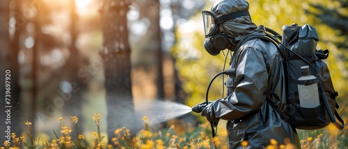 A man in black protective suits spraying trees in woods with a big empty space for text, Generative AI. photo