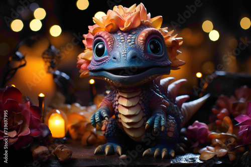 A small robotic dinosaur toy perched on a table, surrounded by vibrant, glowing stars in a make-believe night sky.