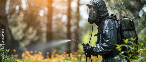 A man in black protective suits spraying trees in woods with a big empty space for text, Generative AI.