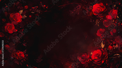 黒背景にラグジュアリーな赤い薔薇のイラストのフレーム背景