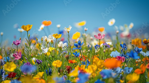 A vivid display of wildflowers, showcasing a variety of colors against a bright blue sky, captures the essence of a spring meadow in bloom. 