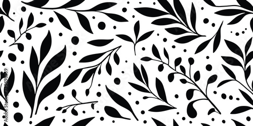 Hand drawn plant elements, flowers and leaves, seamless pattern, vector design 