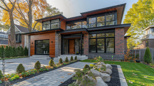 Nestled in a quiet neighborhood this houses facade boasts a mix of materials like wood panelling brick and mosaicstyle tiles giving it a truly unique and eyecatching appearance. photo