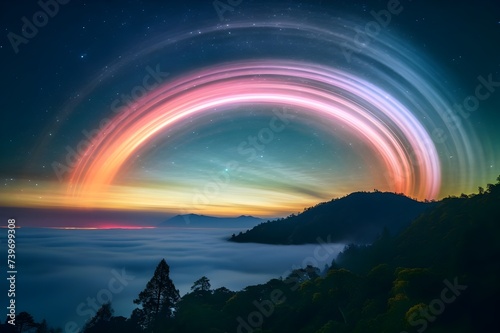 Moonbow stretching across the night sky  a celestial arc of vibrant colors. 