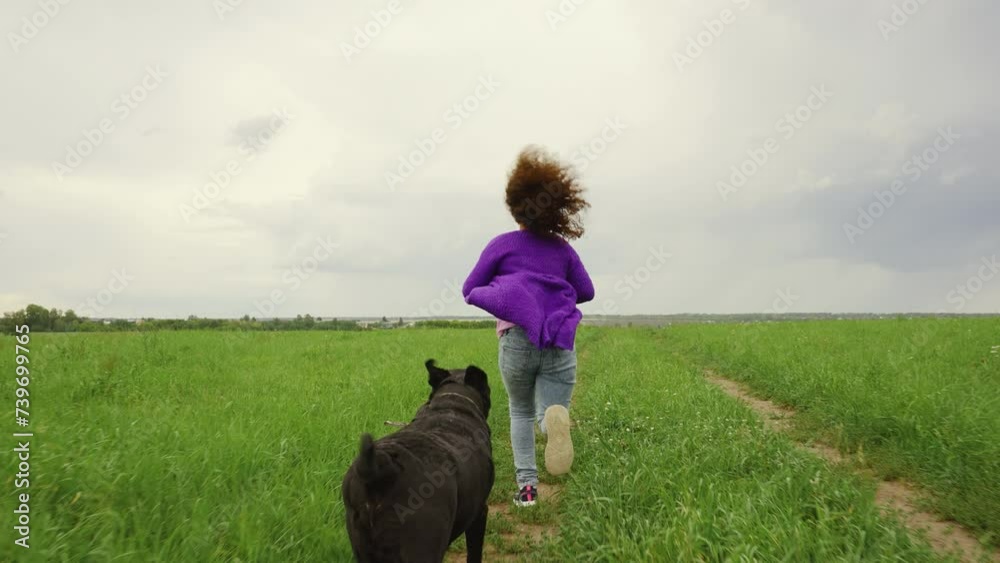 Girl running in the field with her dog Girl running in the field with her dog