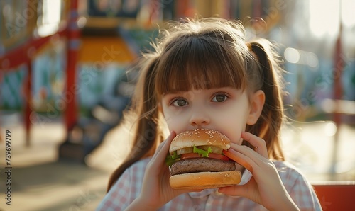 A toddler with brown hair is enjoying junk food in the park  taking big bites of a hamburger with messy hands and a big smile on her face