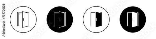 Open Door Icon Set. House Entrance and exit double door vector symbol in a black filled and outlined style. Building Gateway and lock door Sign. photo