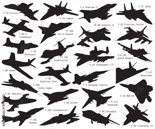 All American 25 jet fighter black vector silhouette illustration set. photo