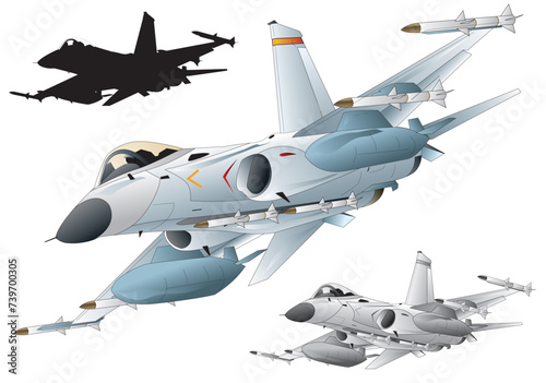 Single seat jet fighter of Republic of China, AIDC F-CK-1 Ching-Kuo, image illustration (monotone, black silhouette set)