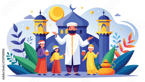 Islamic ramadan celebration with family flat illustration on white background 