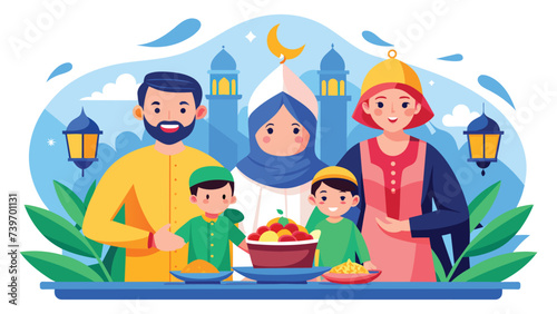Islamic ramadan celebration with family flat illustration on white background