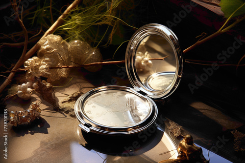 An artistic photograph of an open compact mirror with reflections of surrounding cosmetics, creating an elegant and visually appealing composition.