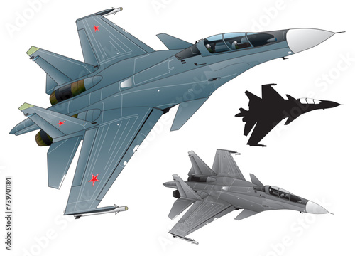 Twin engine jet fighter Mikoyan MiG-29, dark gray image illustration (monotone, black silhouette set) photo