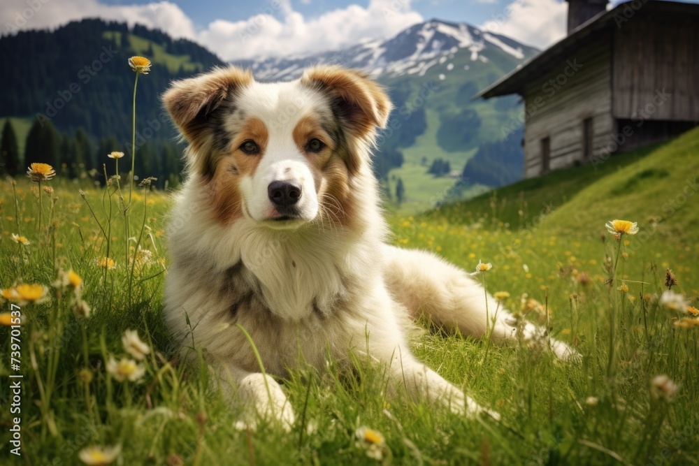 Cute dog on green lawn