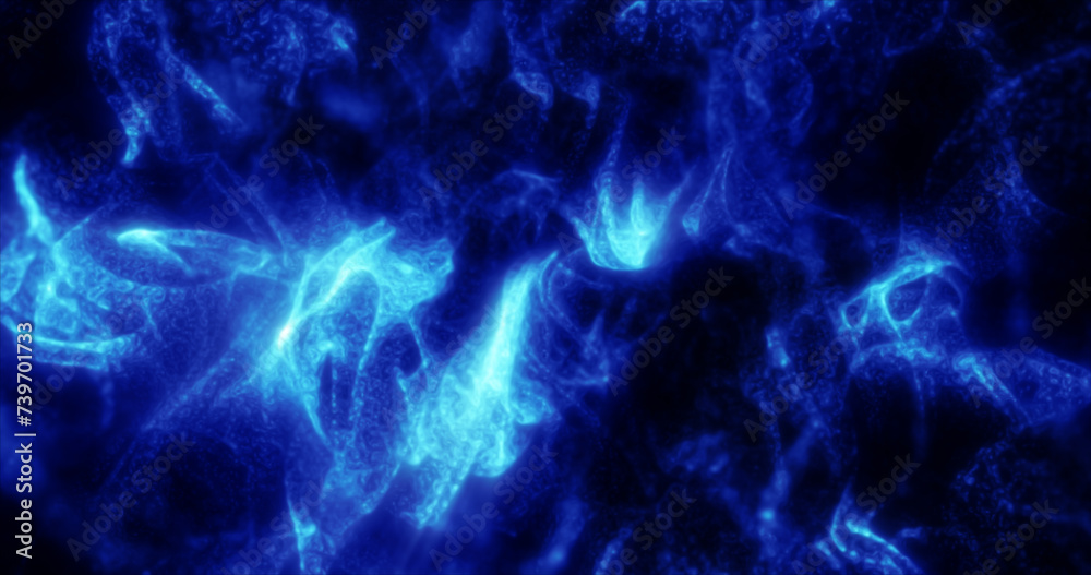 Abstract blue waves and smoke from particles of energy magical bright glowing liquid, background