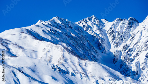 冬の白馬村 冠雪した北アルプス 八方尾根スキー場